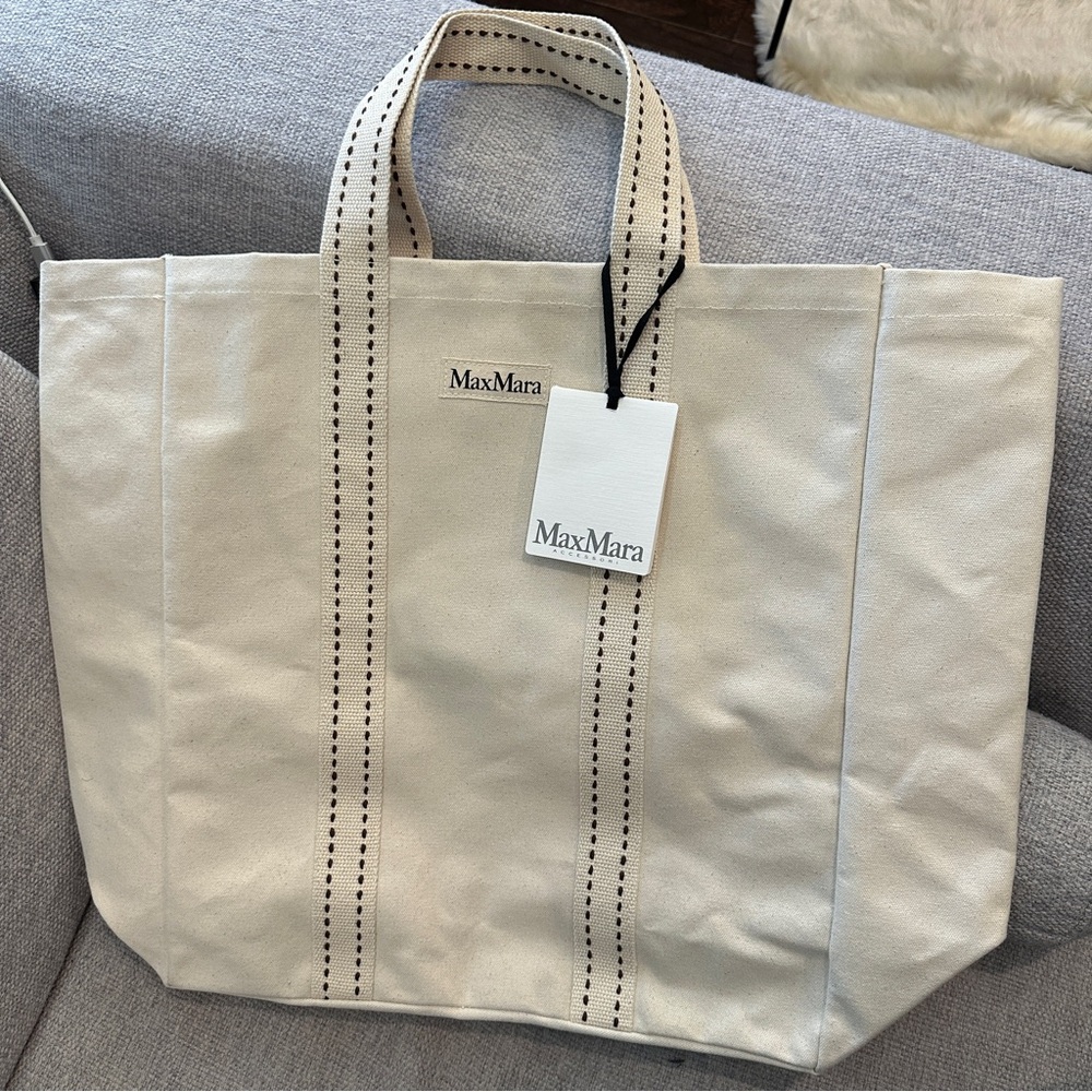 MaxMara Cream Canvas Tote Bag with Reinforced Stitching